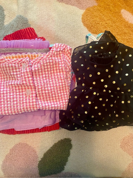 Multiples Other - Multiples Girls Pink Gingham Button Top & Black Gold Polka Dot Dress Set